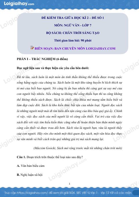 Đề thi giữa kì 2 Văn 7 Chân trời sáng tạo - Đề số 1